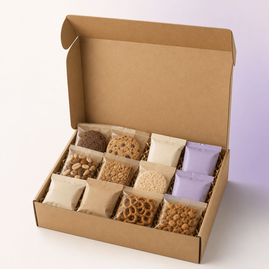 Individually wrapped guest snack box